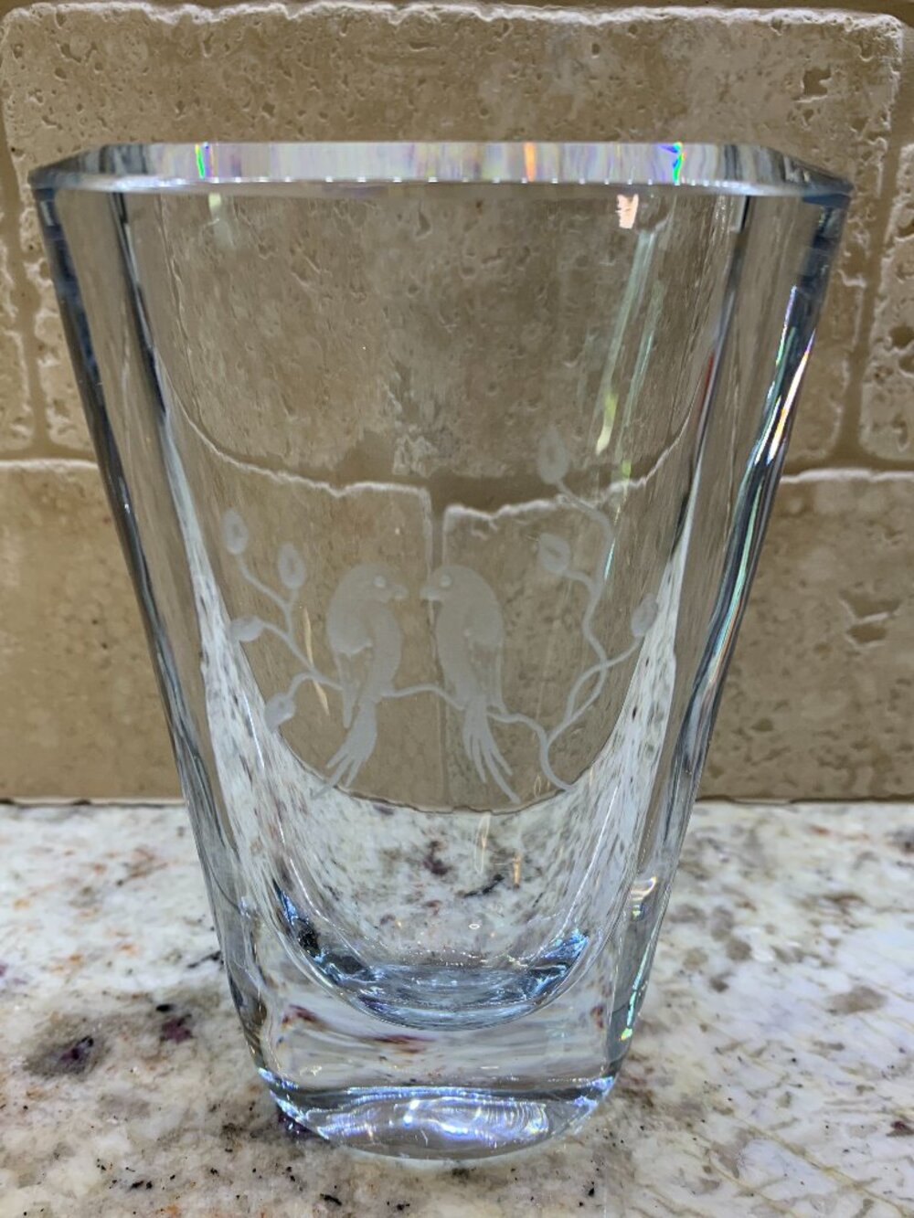 Vintage Strombergshyttan Crystal Vase Lovebirds
